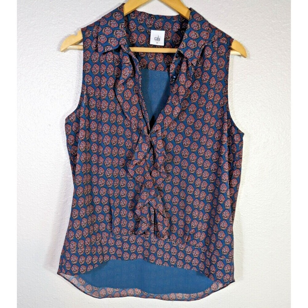 Cabi Blouse Women Medium Blue Medallion Reign Ruffle Front Hi Low Lined 3275 N59